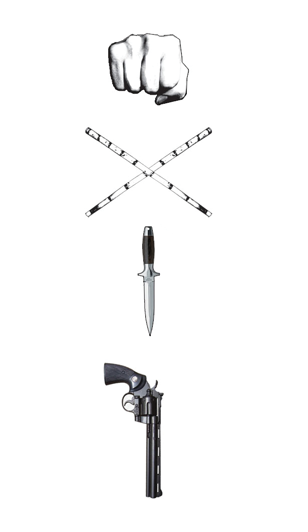 Weapon progression — fist, escrima sticks, dagger and revolver illustrating FMA interchangeability